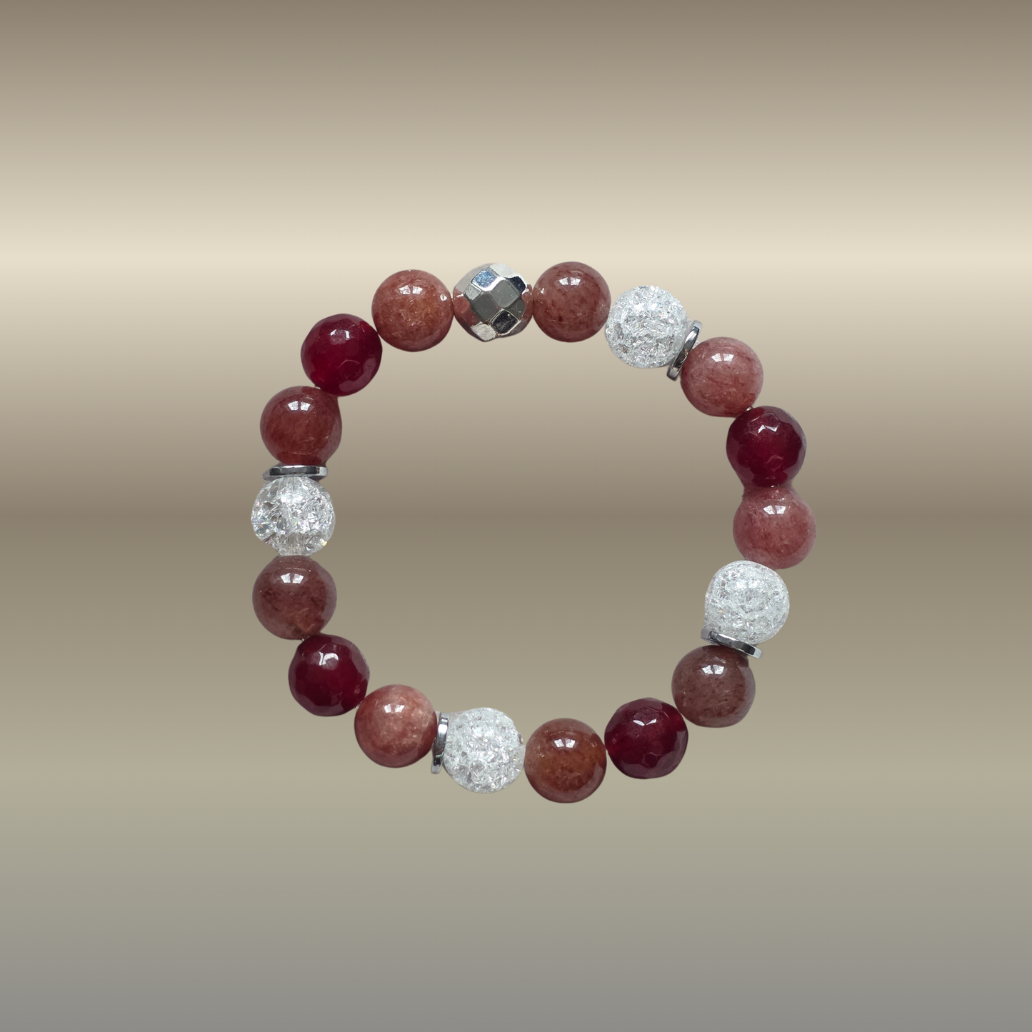 Braškinio kvarco, kalnų krištolo, karneolio ir hematito apyrankė – energijai, pasitikėjimui ir vidinei ugniai