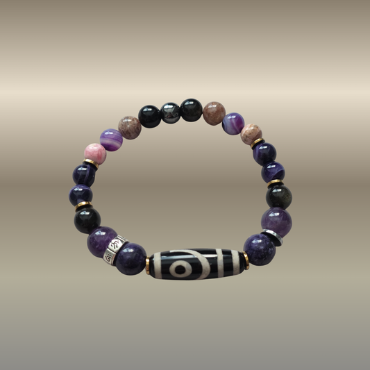 Dzi 2 akių meilės, dvasinio ryšio ir harmonijos talismanas su čaroitu ir ametistu